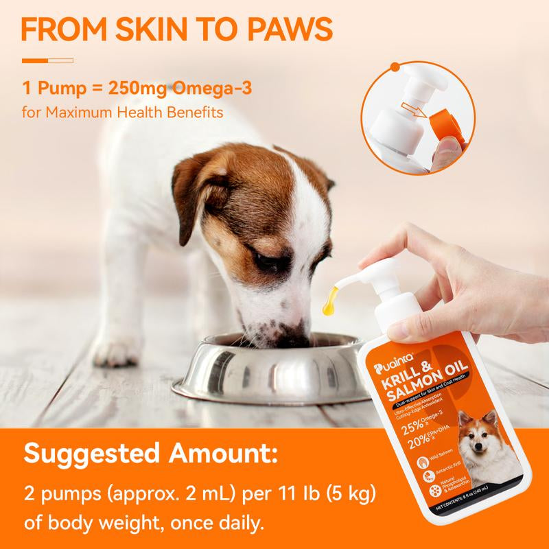 PUAINTA Krill & Salmon Oil Formula, 25% Omega 3 for Dogs and Cats, Fish Oil with EPA and DHA, for Dog Skin and Coat Oil for Kitty