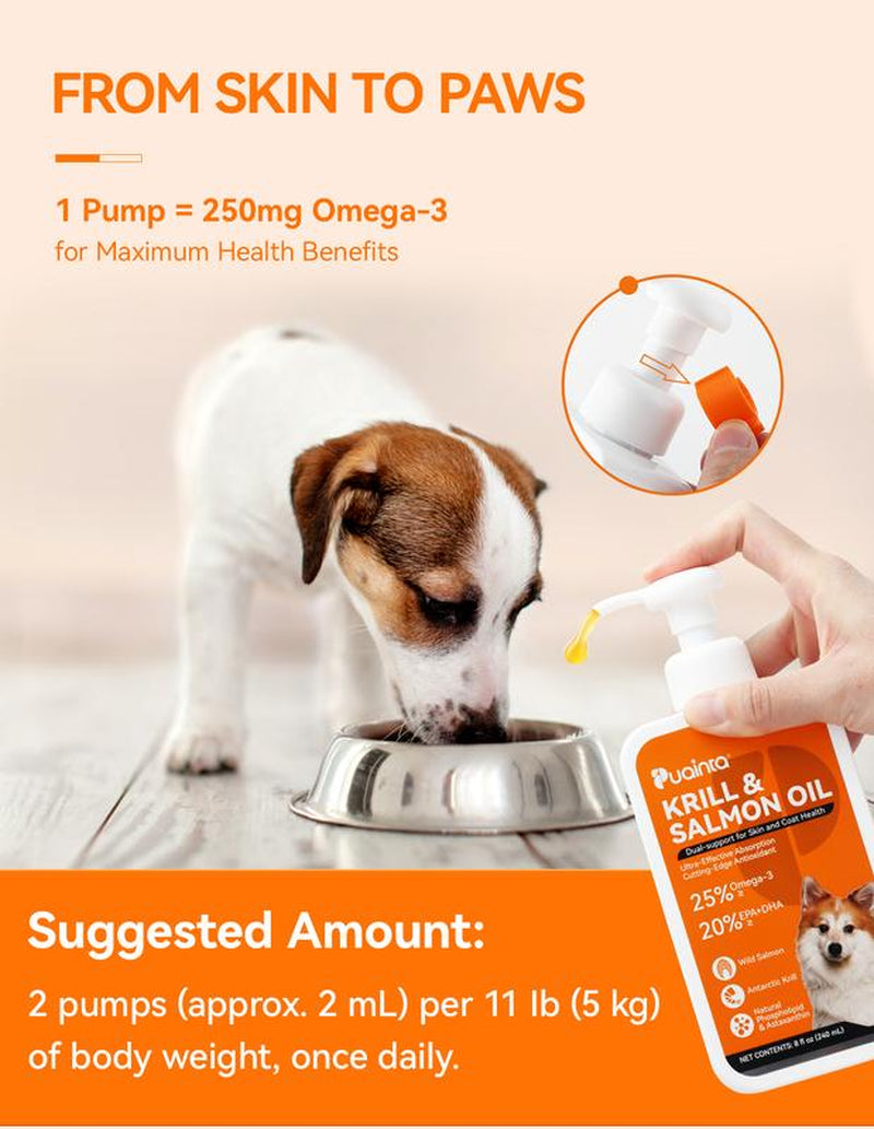PUAINTA Krill & Salmon Oil Formula, 25% Omega 3 for Dogs and Cats, Fish Oil with EPA and DHA, for Dog Skin and Coat Oil for Kitty