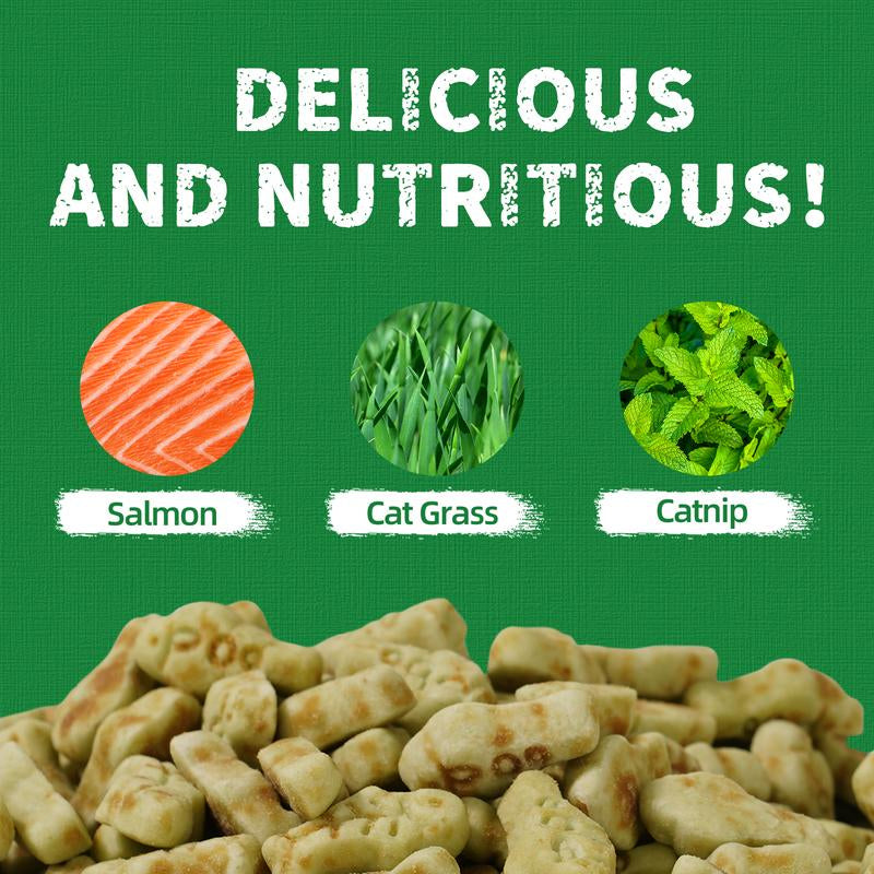 JUST TRY 13.4 OZ Cat Grass Treats Natural Salmon Flavor Healthy Cat Snacks Training Biscuits Catnip for Cats Dental and Hairball Control Treats