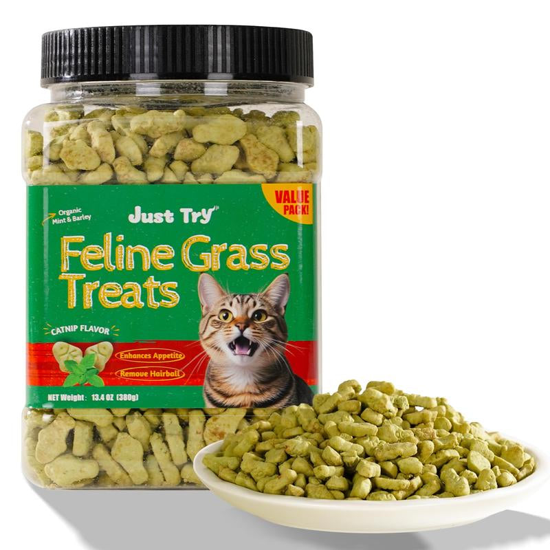 JUST TRY 13.4 OZ Cat Grass Treats Natural Salmon Flavor Healthy Cat Snacks Training Biscuits Catnip for Cats Dental and Hairball Control Treats