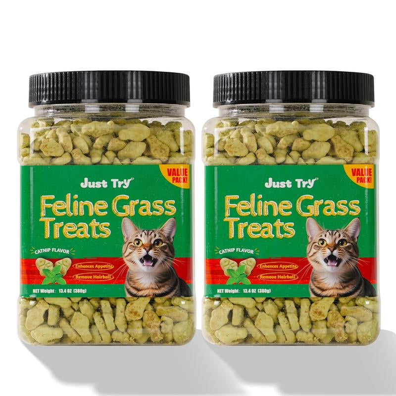 JUST TRY 13.4 OZ Cat Grass Treats Natural Salmon Flavor Healthy Cat Snacks Training Biscuits Catnip for Cats Dental and Hairball Control Treats